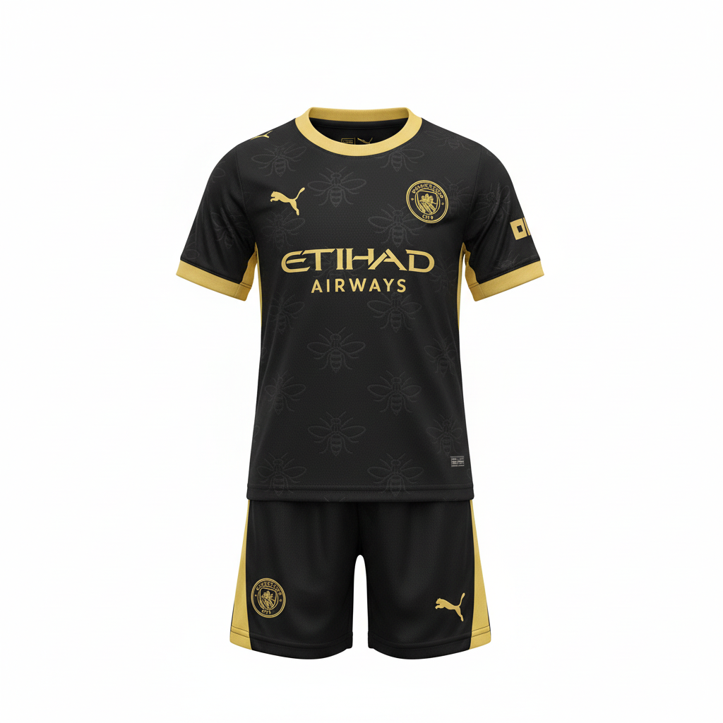 Kids' black & gold bee print football jersey set – ghost mannequin front view on white background
