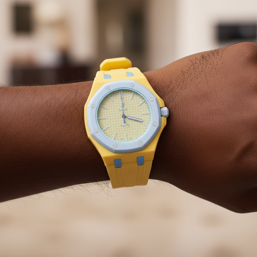 Nigerian model wearing unisex yellow octagonal pop watch with light blue bezel on wrist