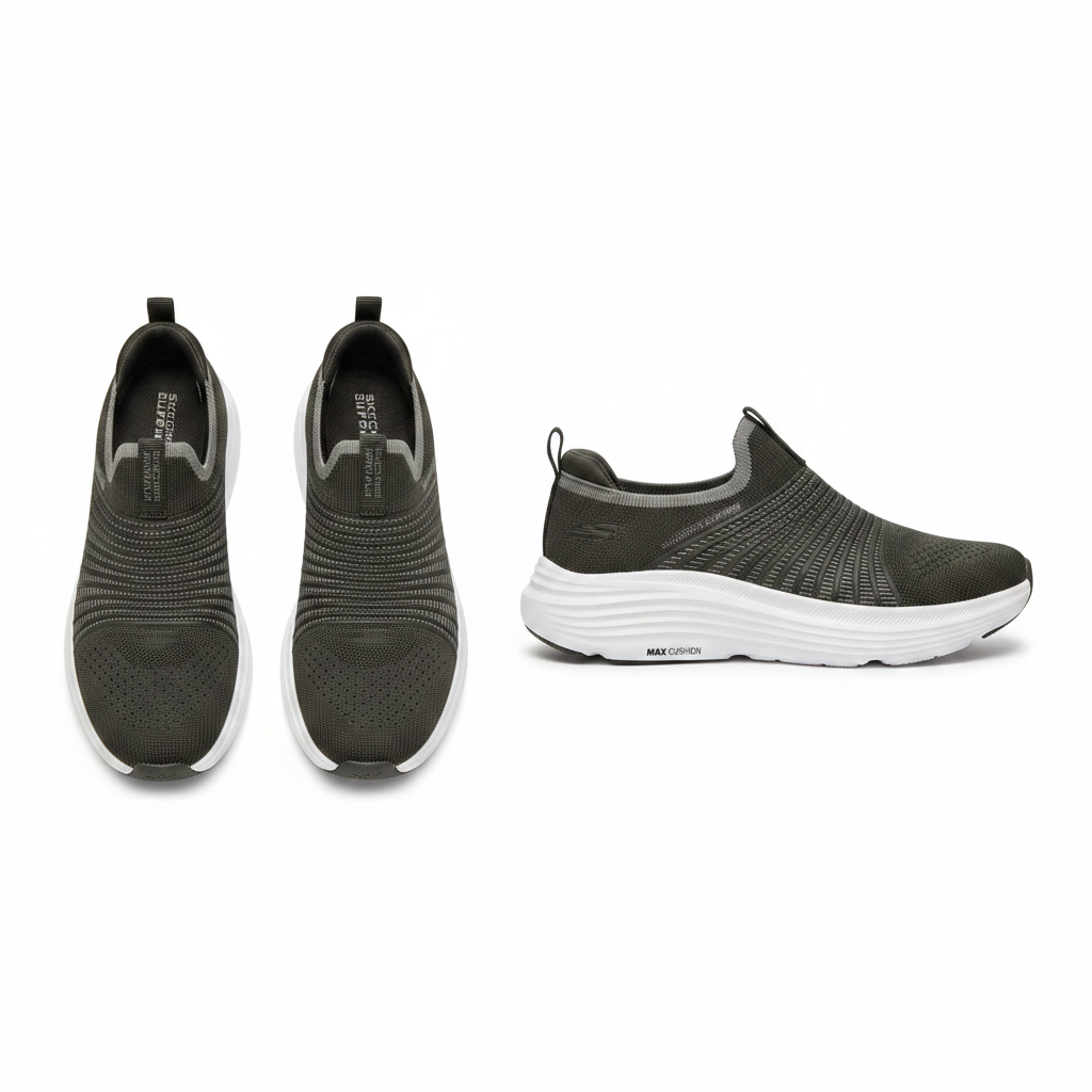 Men's olive grey ribbed knit slip-on sneaker ghost mannequin front and side view pair