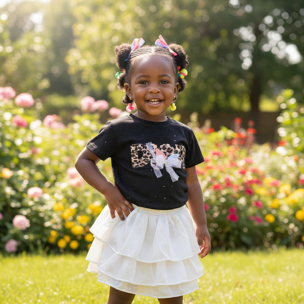 Girls Black Sparkle Top & White Ruffle Skirt Set - Model Shot 1
