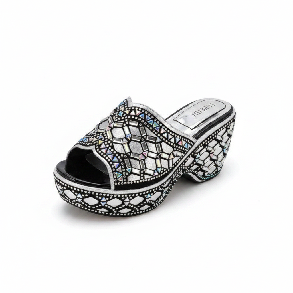Women's silver rhinestone crystal platform wedge slide slipper — ghost mannequin view