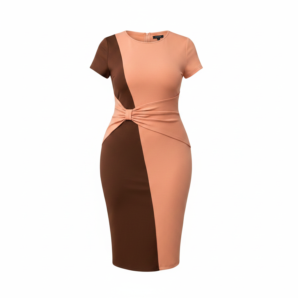 Women's Peach & Brown Colour-Block Knot-Waist Midi Dress – Ghost Mannequin Front View