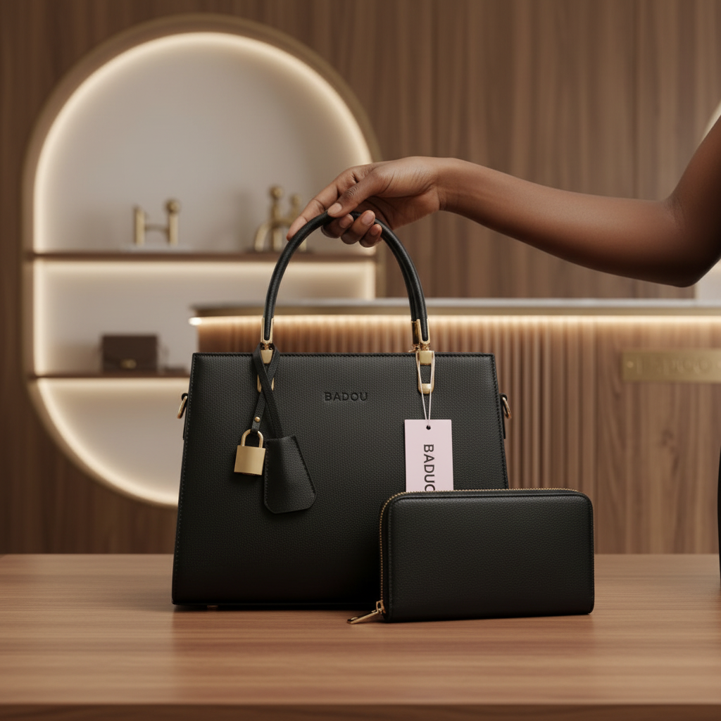 Black Nigerian woman holding black structured leather handbag with matching wallet set