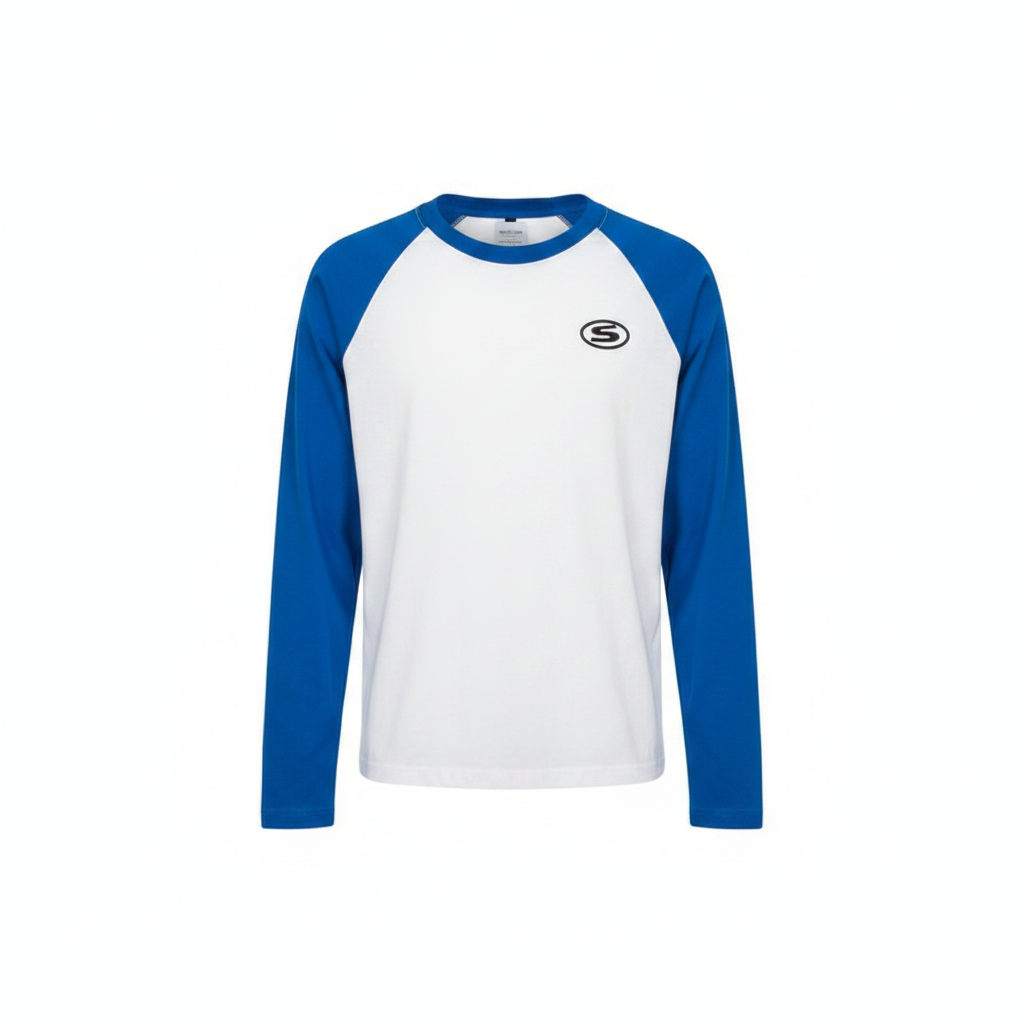 Men's Raglan Long Sleeve Shirt – Ghost Mannequin Blue Sleeves Front View