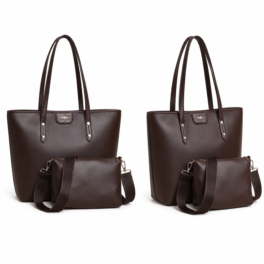 Espresso brown two-piece tote bag set, front and side catalog views