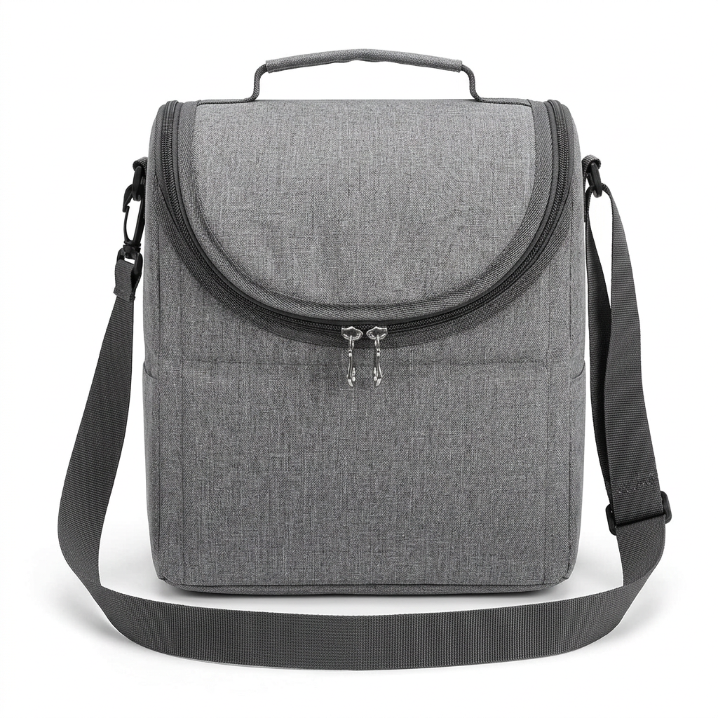Grey marl zip-flap carry bag with shoulder strap on white