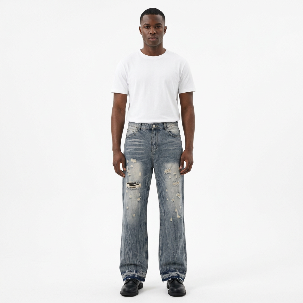 Full-body male model wearing grey-blue distressed wide-leg jeans