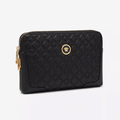 Individual subtly patterned black pouch with small circular gold-tone badge