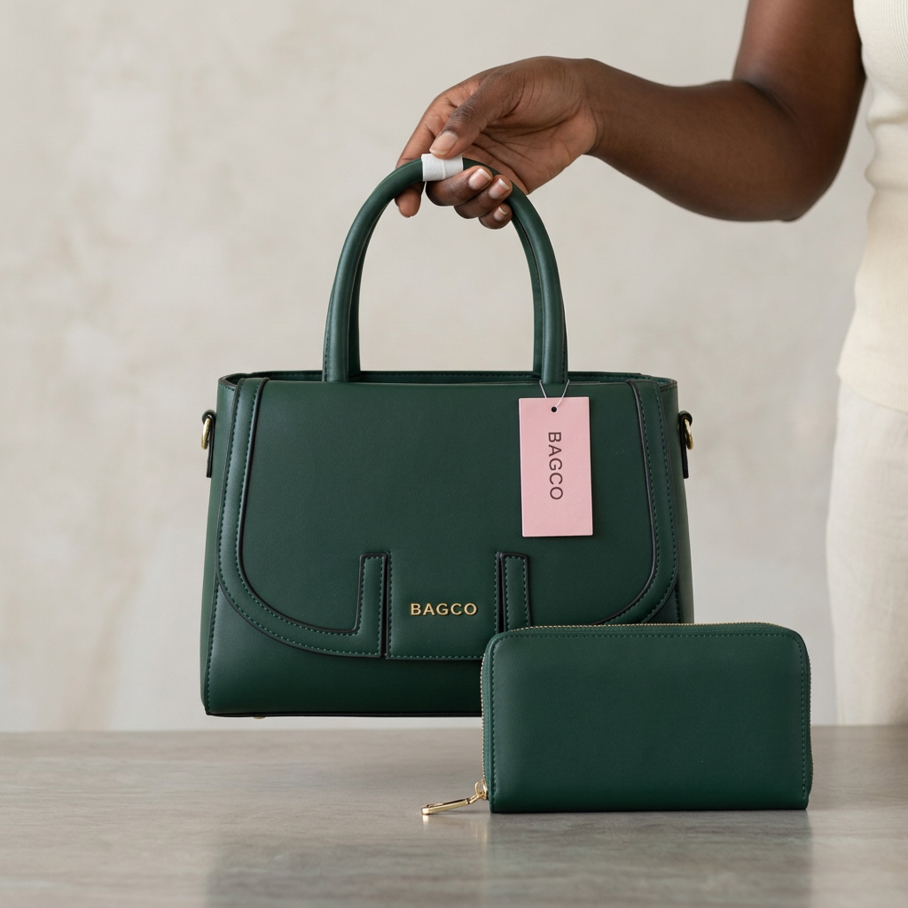 Hand holding forest green structured handbag with matching wallet