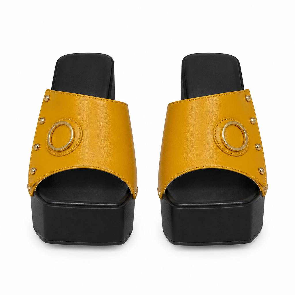 Mustard gold-ring studded platform slide sandals, front view