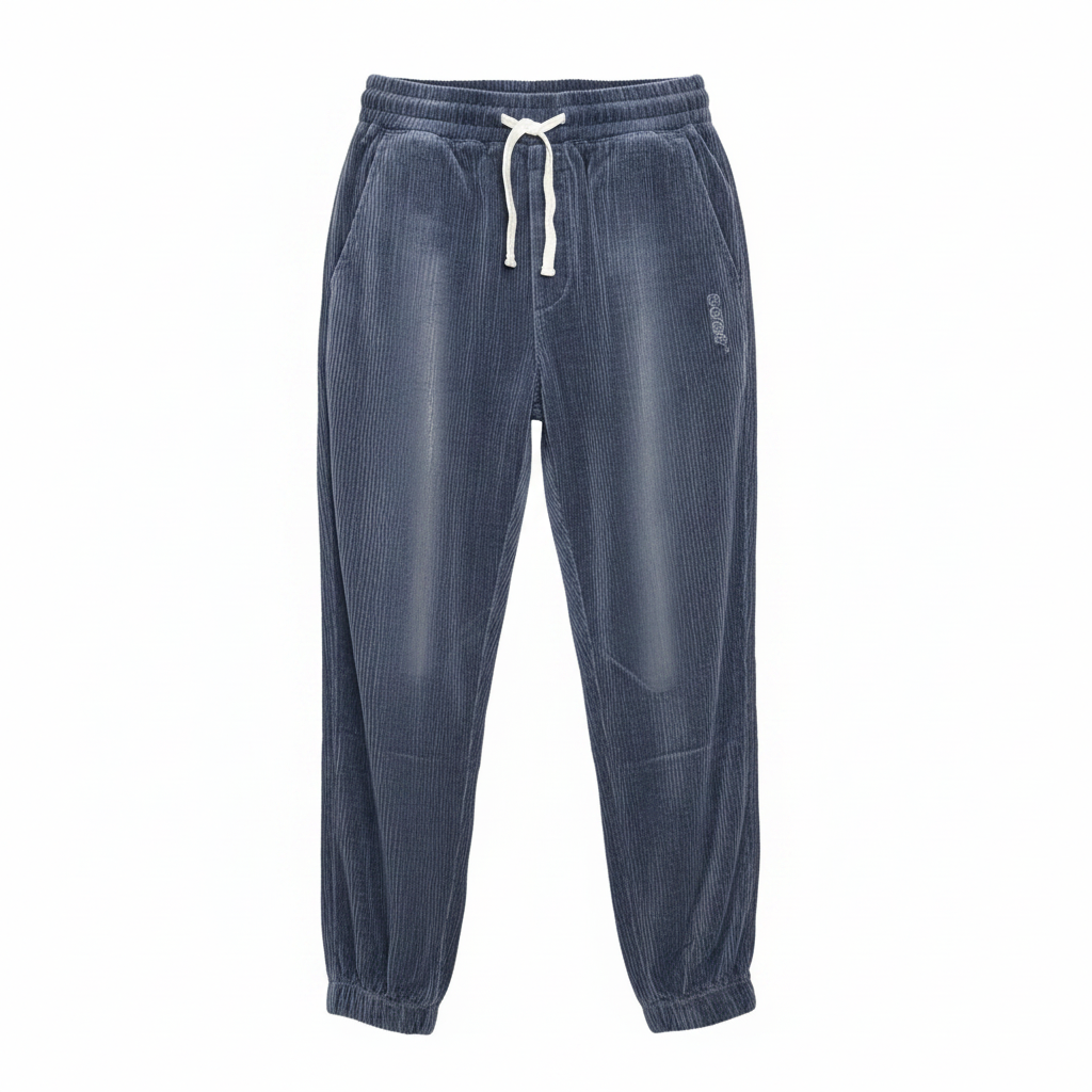 Steel Blue Corduroy Jogger Trousers – Ghost Mannequin Front