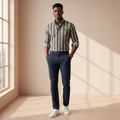 Nigerian model wearing Ralph Polo Grey Olive Gold Burgundy Stripe Shirt