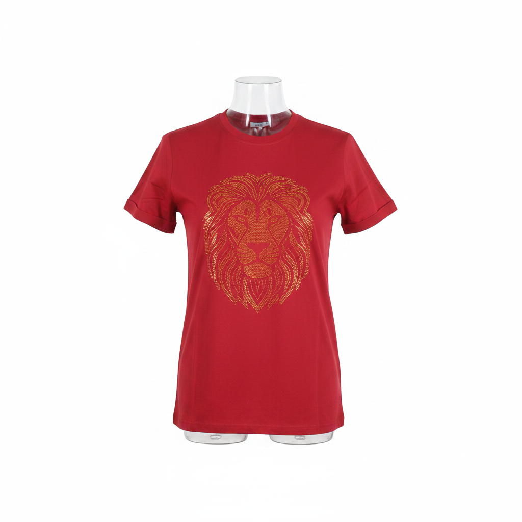 Ghost mannequin front view of red rhinestone lion T-shirt