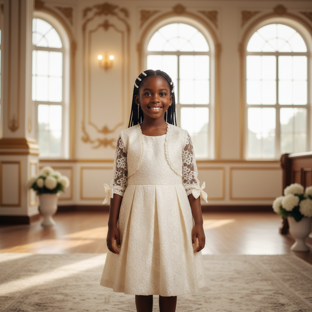 Children's Cream Lace Bolero & A-Line Graduation Set – Model Shot
