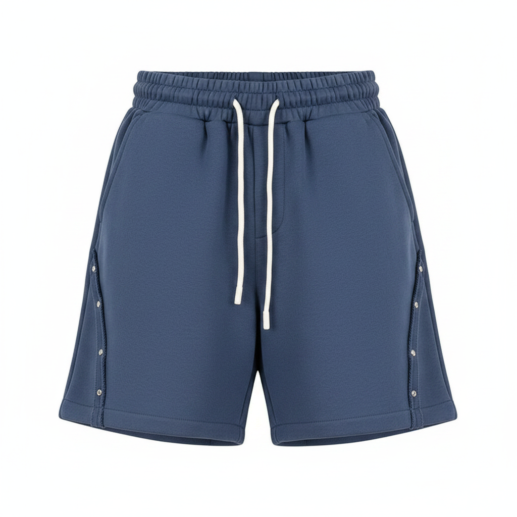 Ghost mannequin front view of slate navy blue fleece drawstring shorts with snap button side seam detail
