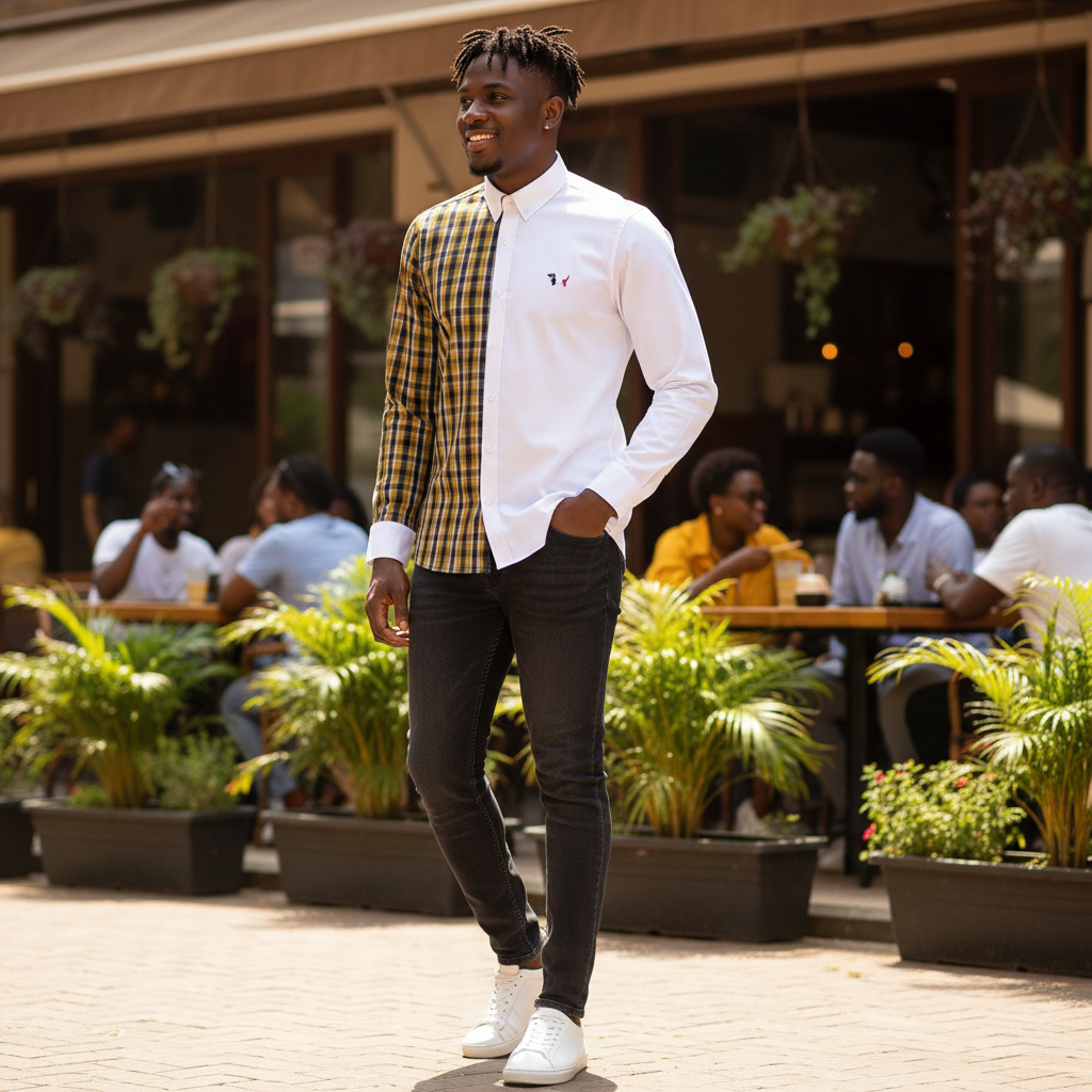 Nigerian model wearing Two-Tone Split Olive Plaid and White Long-Sleeve Button-Down Shirt with Embroidered Dog Motif