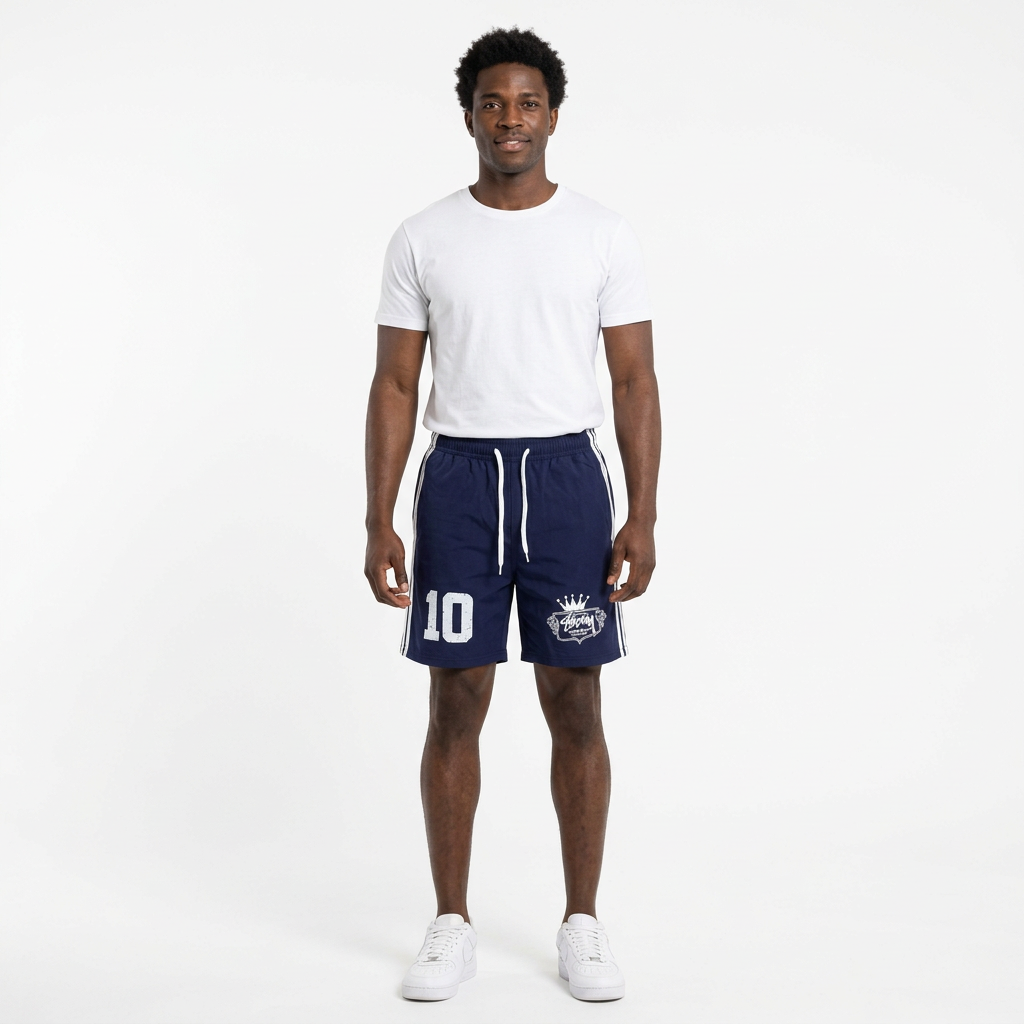 Full-body adult Black man wearing navy white side-stripe graphic shorts