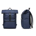 Navy blue large flap roll-top backpack ghost mannequin front and side view