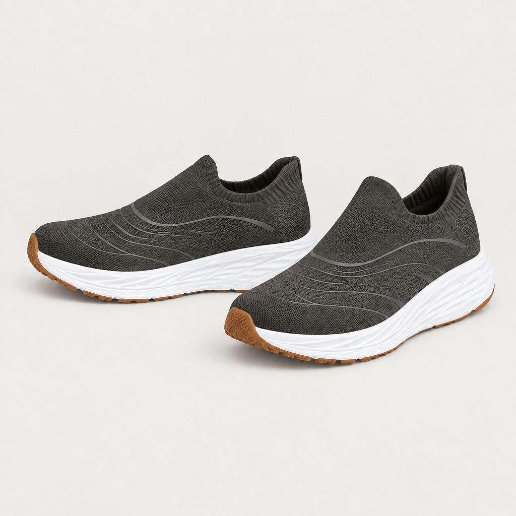 Charcoal mesh slip-on sneakers with sculpted white soles and gum outsole accents