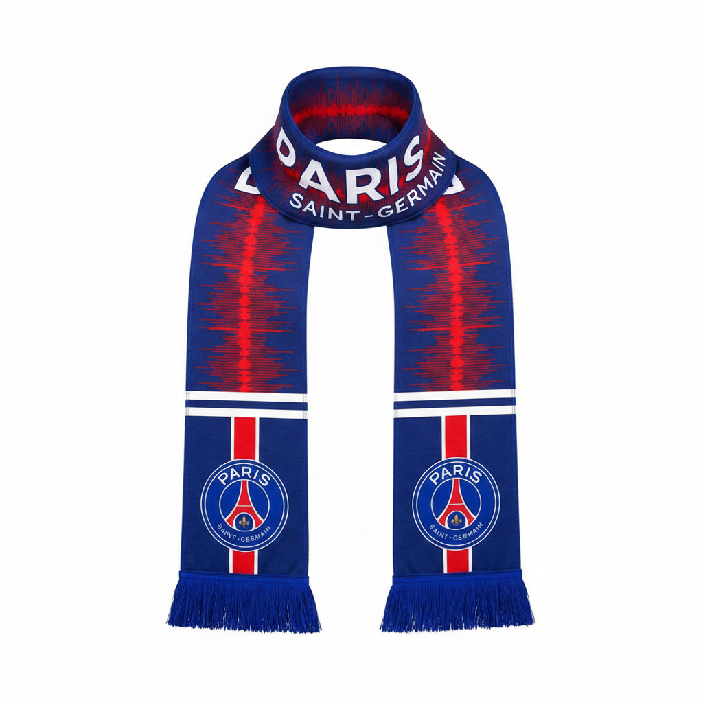 Navy blue and red football fan scarf ghost mannequin front view