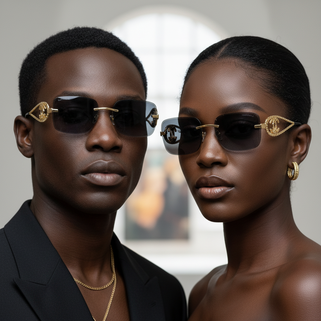Nigerian male and female models wearing dark grey rimless square sunglasses with gold chain temple arms
