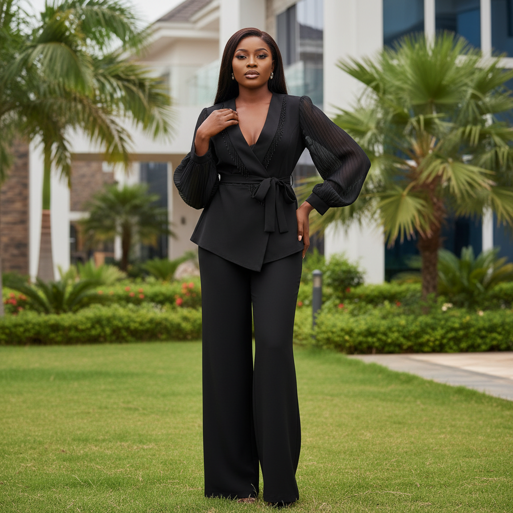 Black Sheer Sleeve Peplum Suit Set - Front Model View