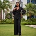 Black Sheer Sleeve Peplum Suit Set - Front Model View