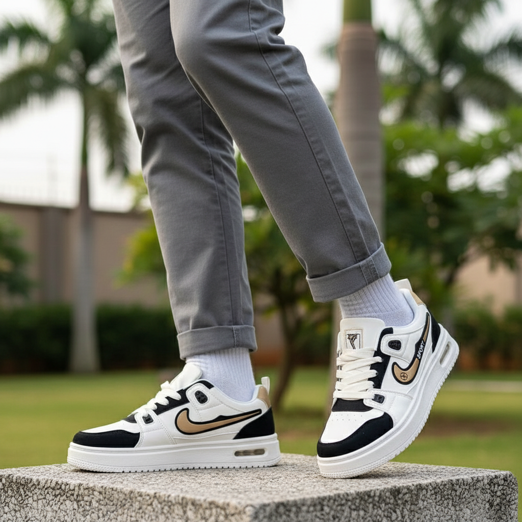 Men's white black gold sneakers leg-focus lifestyle shot Nigerian male model