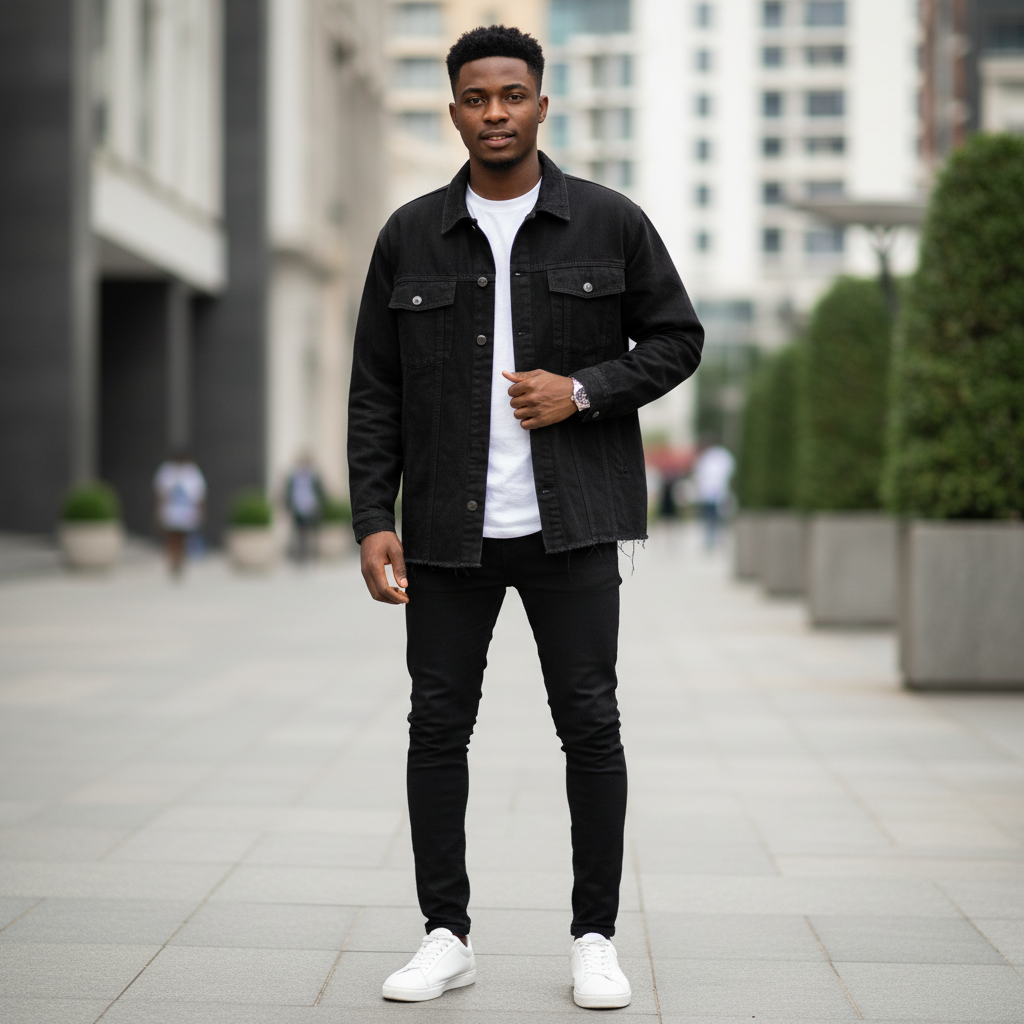 Oversized Black Denim Cargo Jacket – Model Shot
