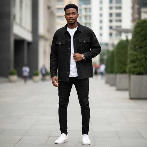 Oversized Black Denim Cargo Jacket – Model Shot