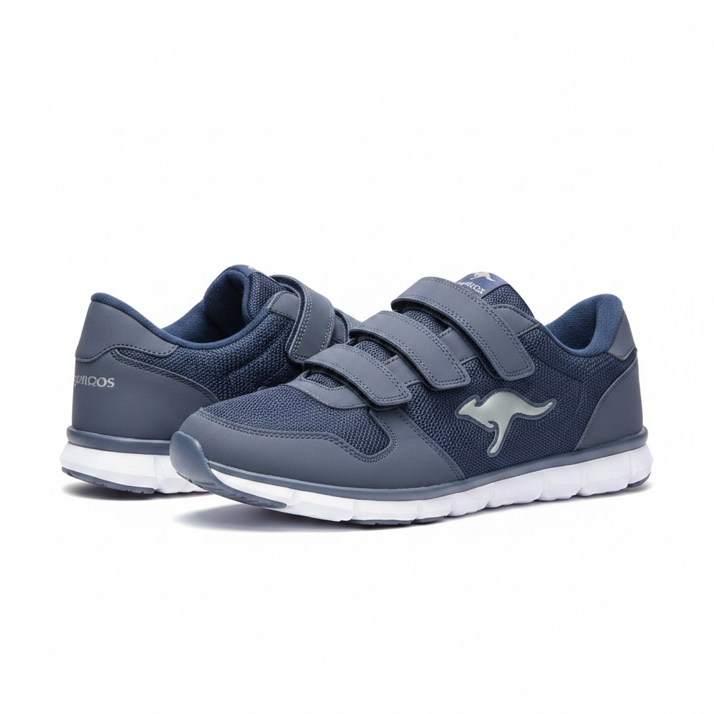 Men's navy blue triple velcro-strap retro running sneakers pair product shot