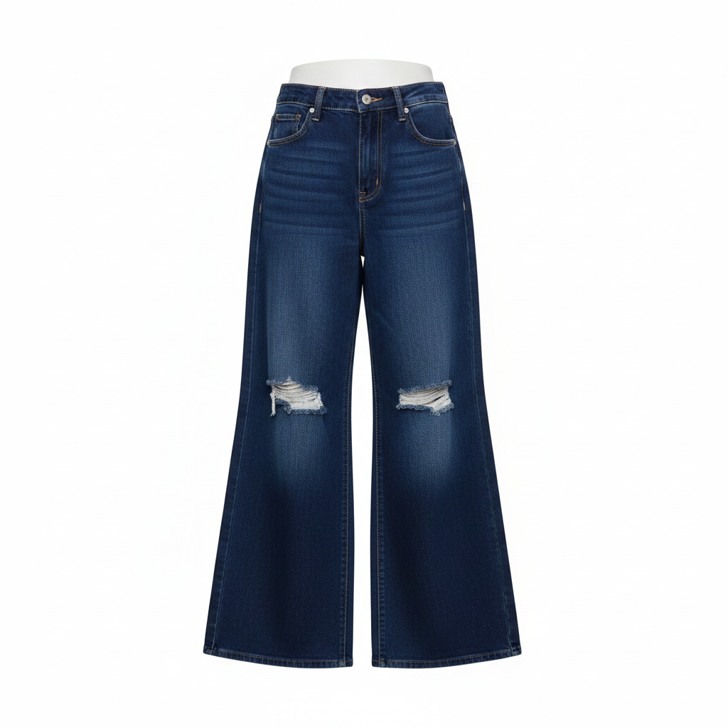 Ghost mannequin of navy ripped knee wide-leg high-rise jeans