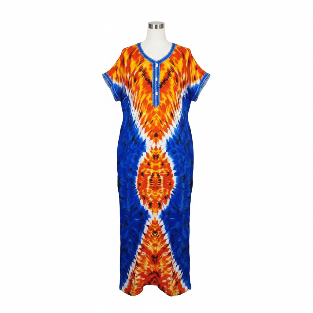 Ghost mannequin view of blue orange tie-dye long bubu gown