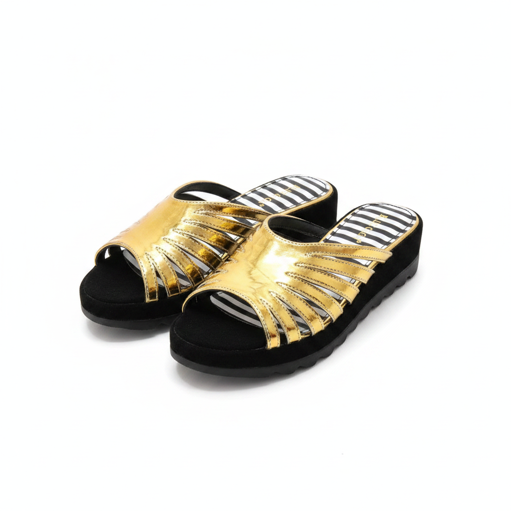 Ghost mannequin pair view of gold metallic multi-strap fan cage wedge slide mules