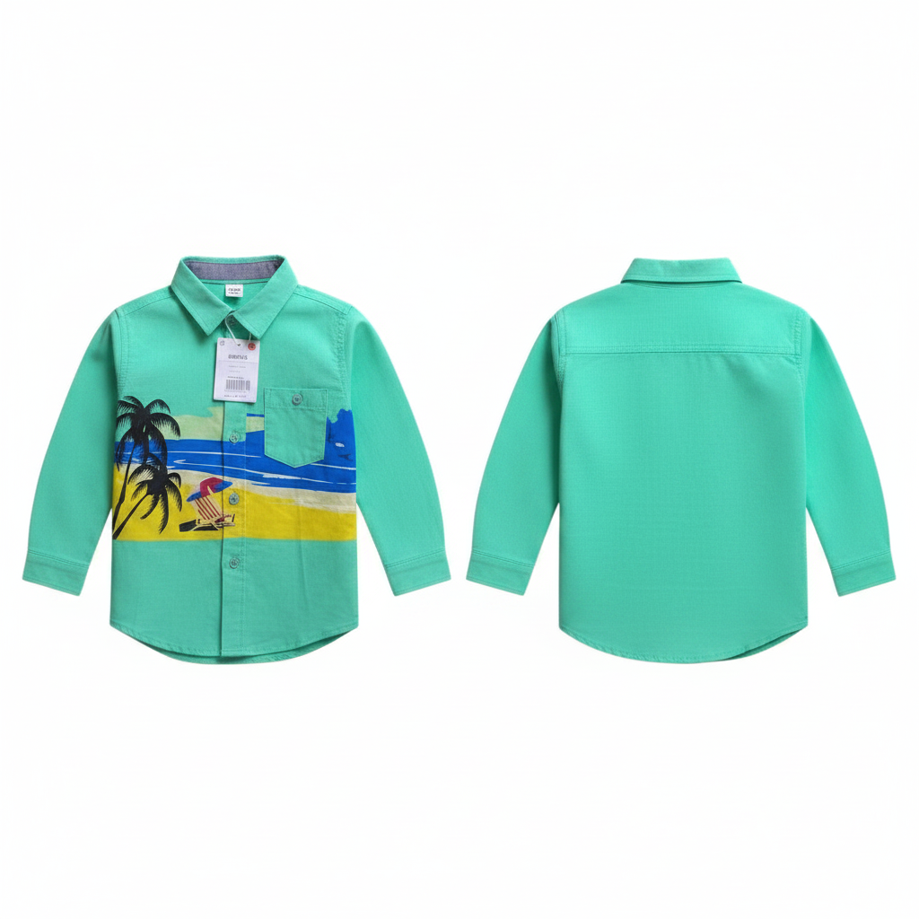 Boys mint green tropical print shirt - product flat lay