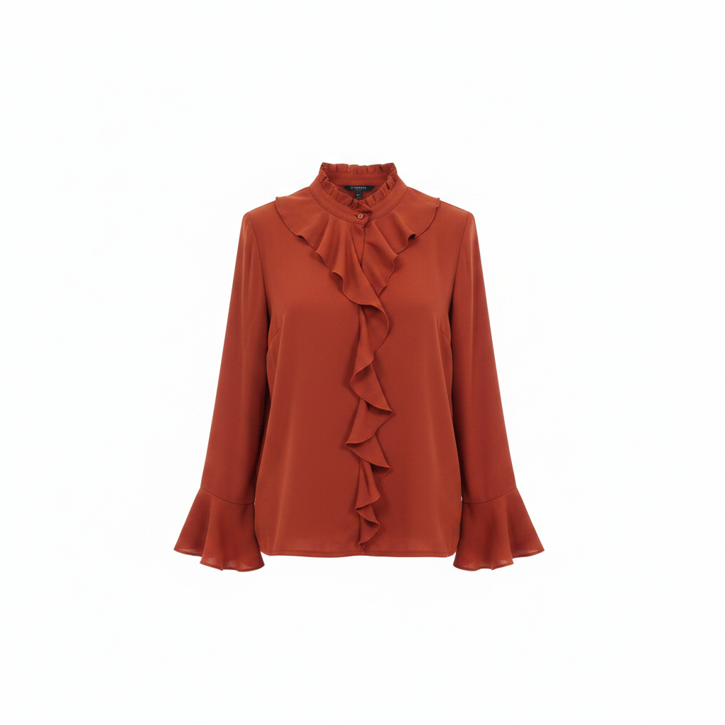 Ghost mannequin of burnt orange ruffle long-sleeved blouse on white background