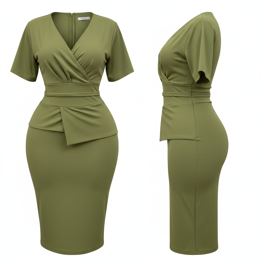 Women's Olive Green Wrap Bodycon Midi Dress – Ghost Mannequin Front and Side View