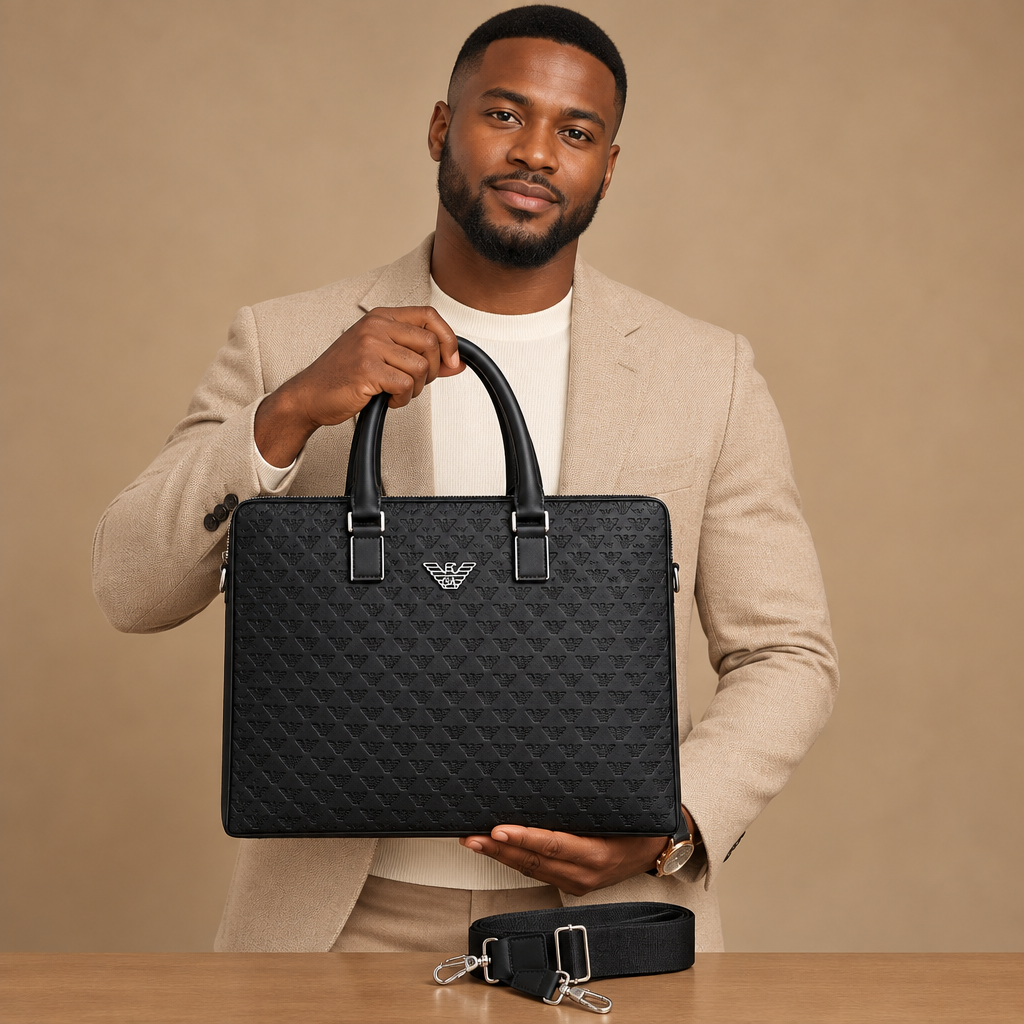 Adult model holding a black embossed top-handle bag