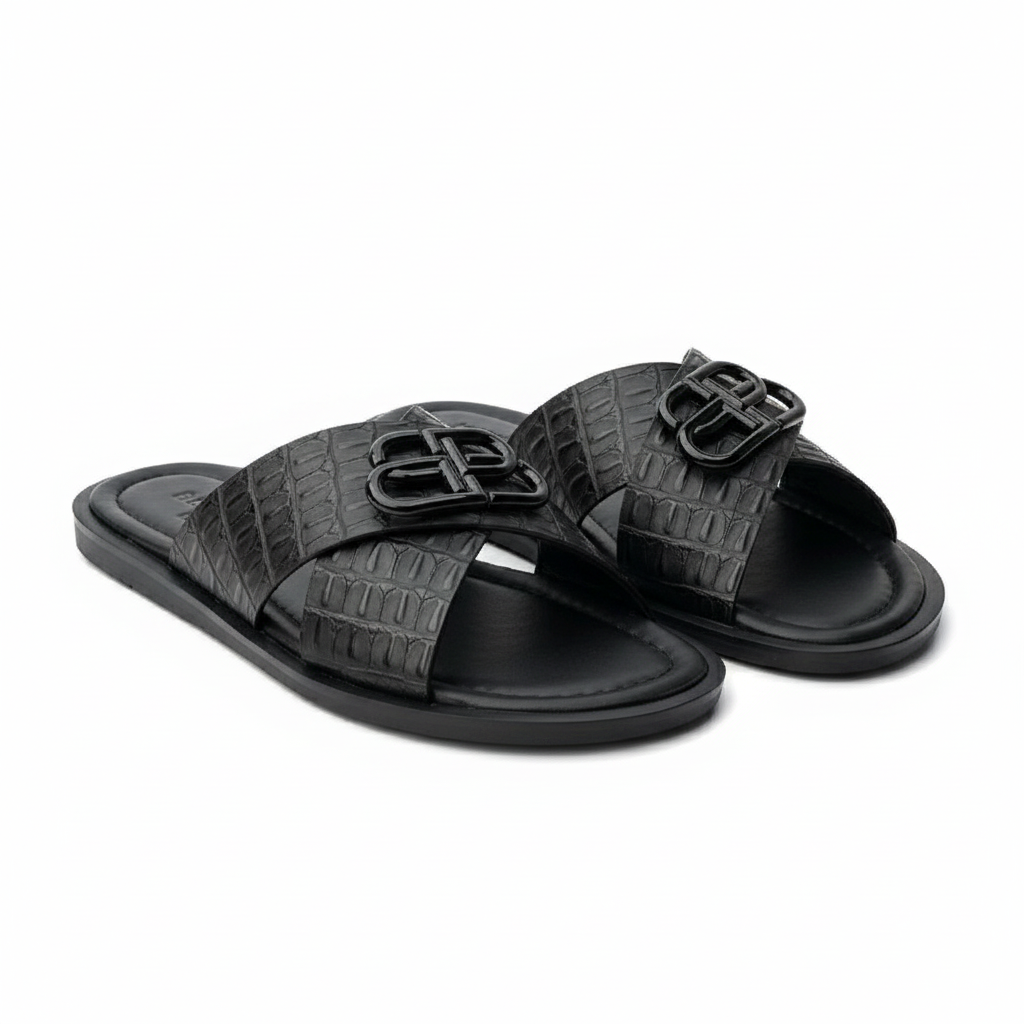 Black Croc Cross-Strap BB Buckle Palm Slide - Ghost Mannequin