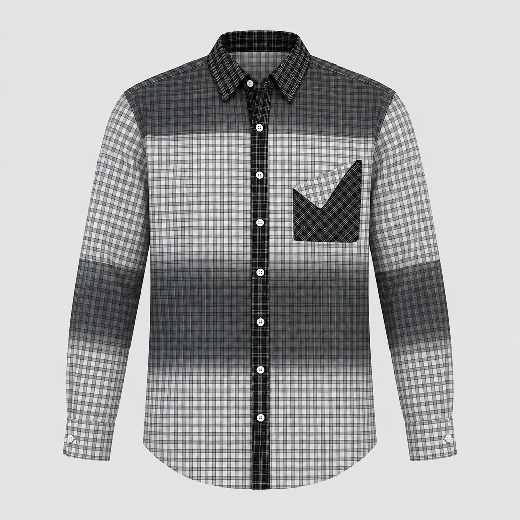 Men's black and grey patchwork check shirt ghost mannequin
