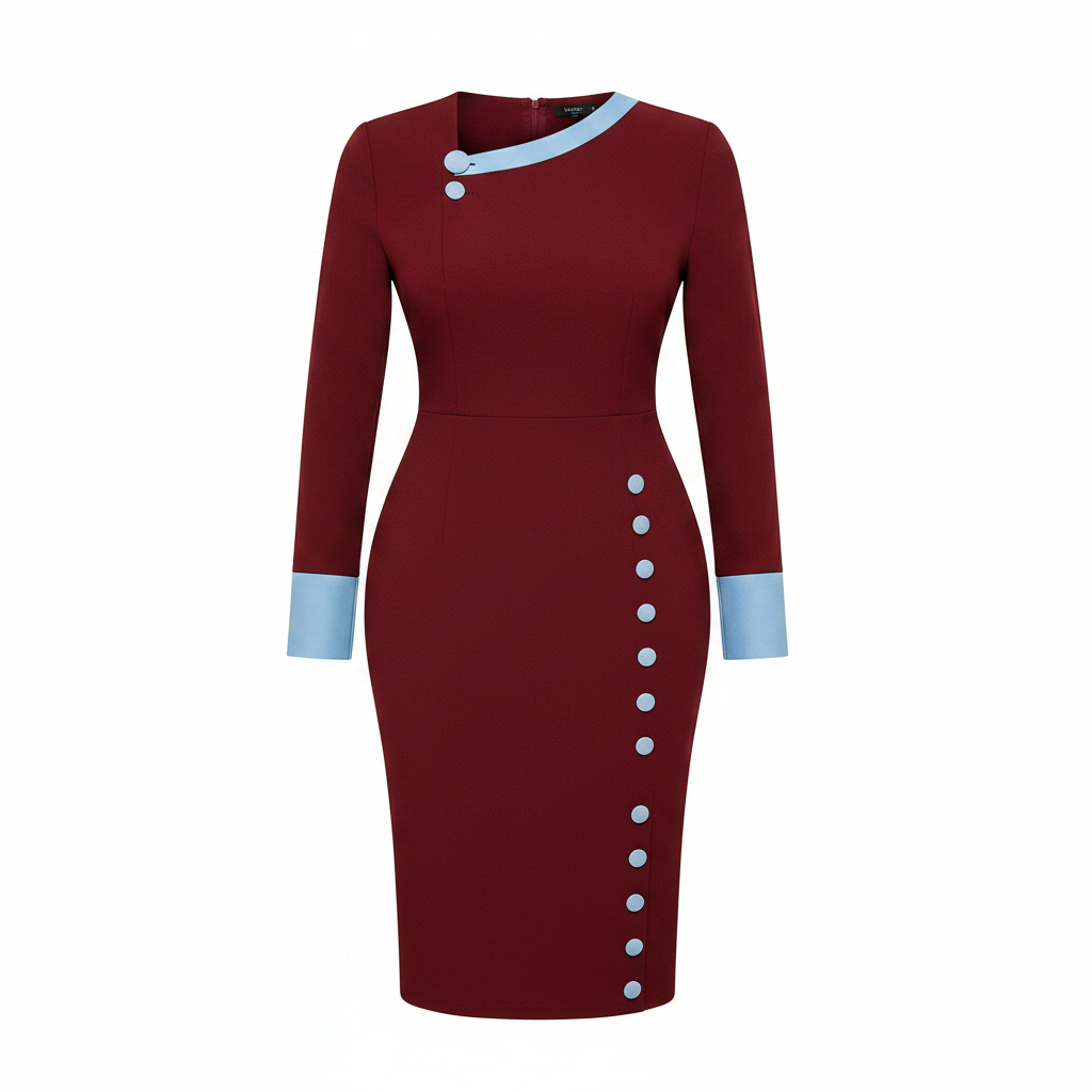 Women's Burgundy & Light Blue Contrast-Trim Button-Detail Midi Dress – Ghost Mannequin Front View