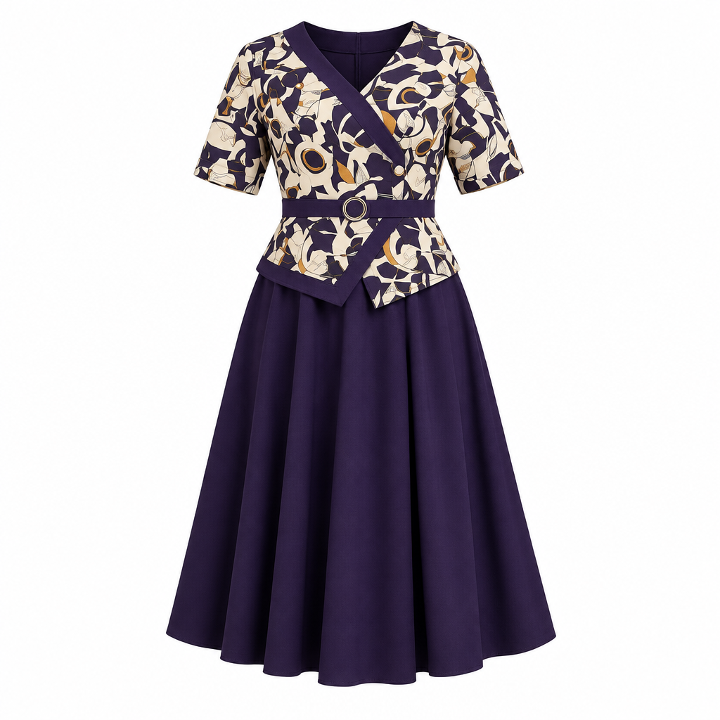 Aubergine dress with cream abstract printed bodice on white background