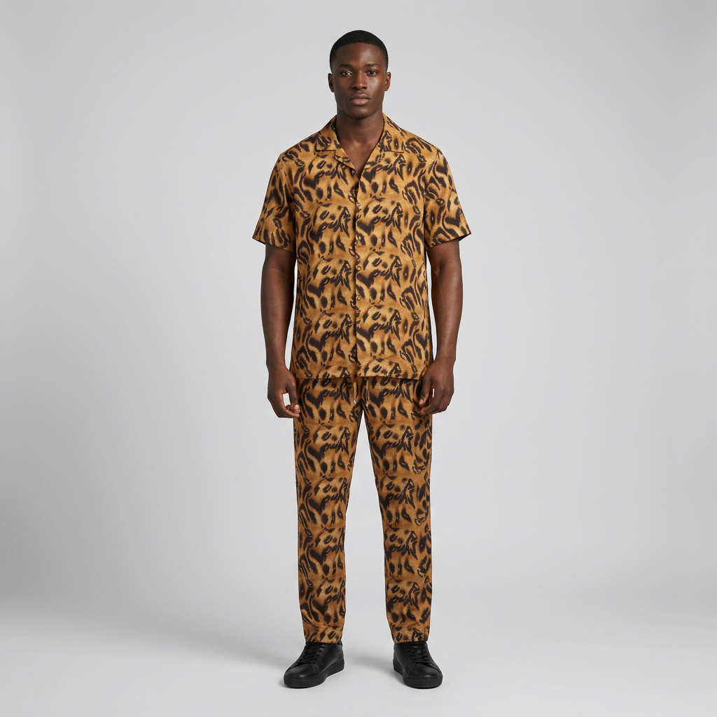 Nigerian man wearing gold-brown abstract-print shirt and trouser set