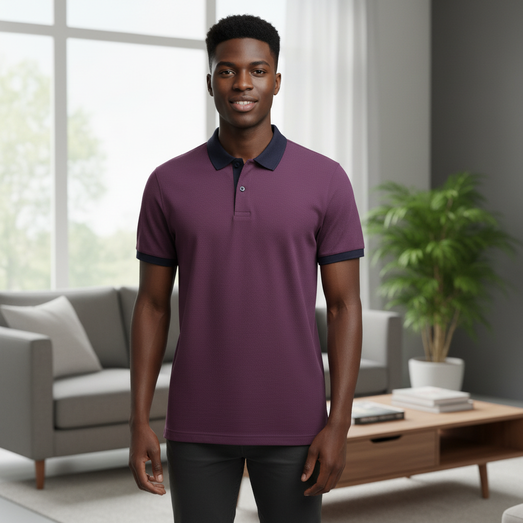 Young Nigerian male model wearing burgundy contrast collar polo shirt, front view
