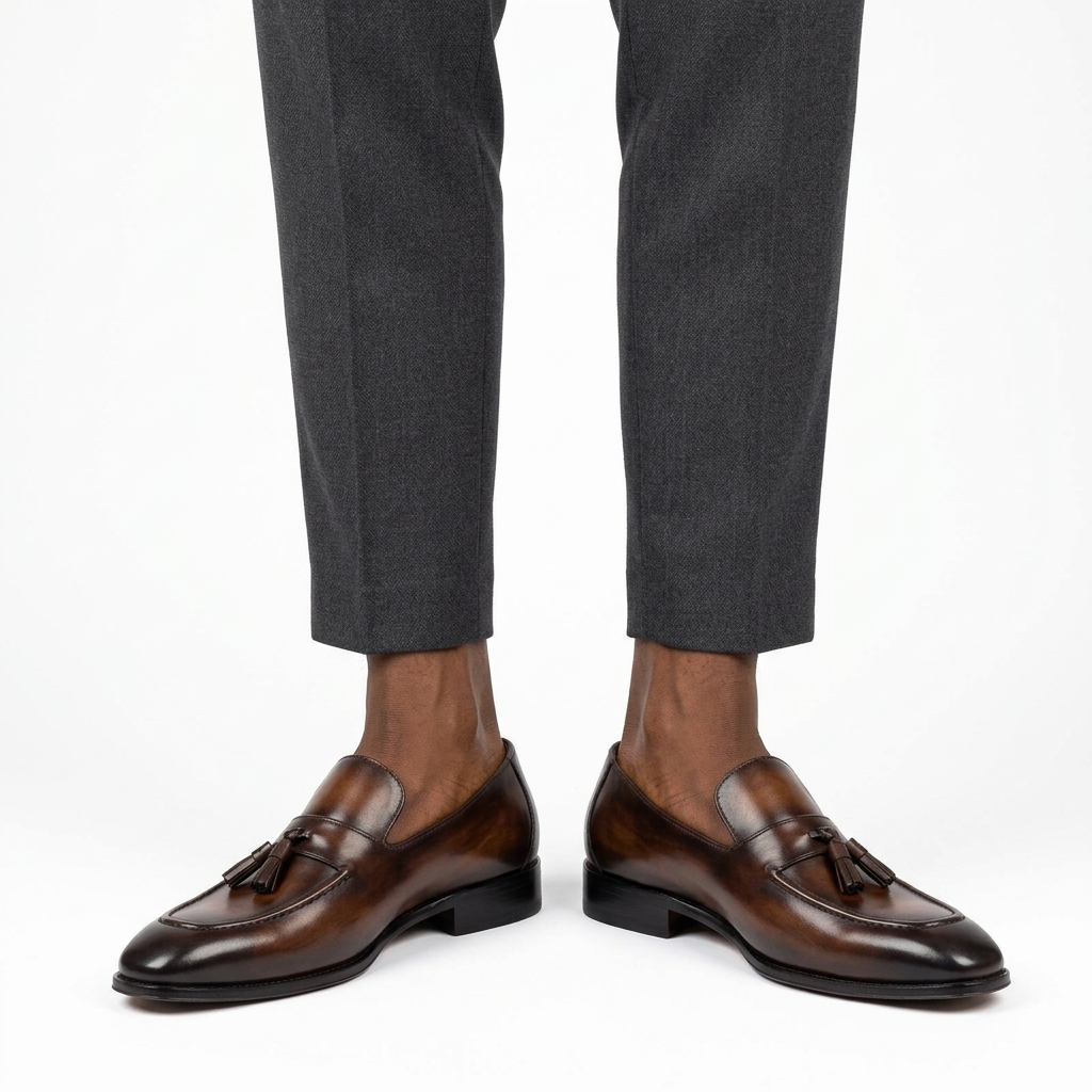 Both dark brown tassel loafers worn with charcoal trousers on white