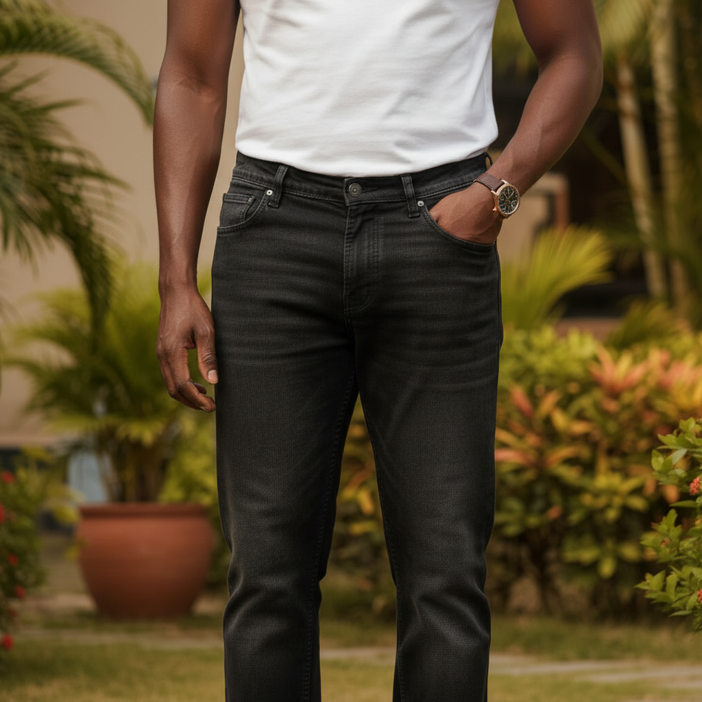 Nigerian male model wearing Men's Black Washed Denim Straight-Leg Jeans
