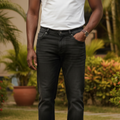 Nigerian male model wearing Men's Black Washed Denim Straight-Leg Jeans