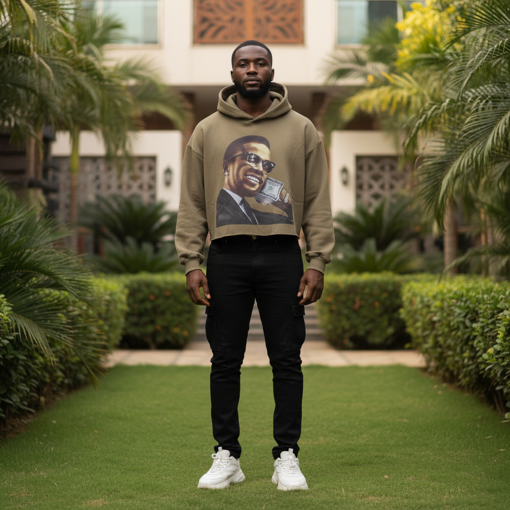 Olive cropped money man graphic hoodie front view on Nigerian male model