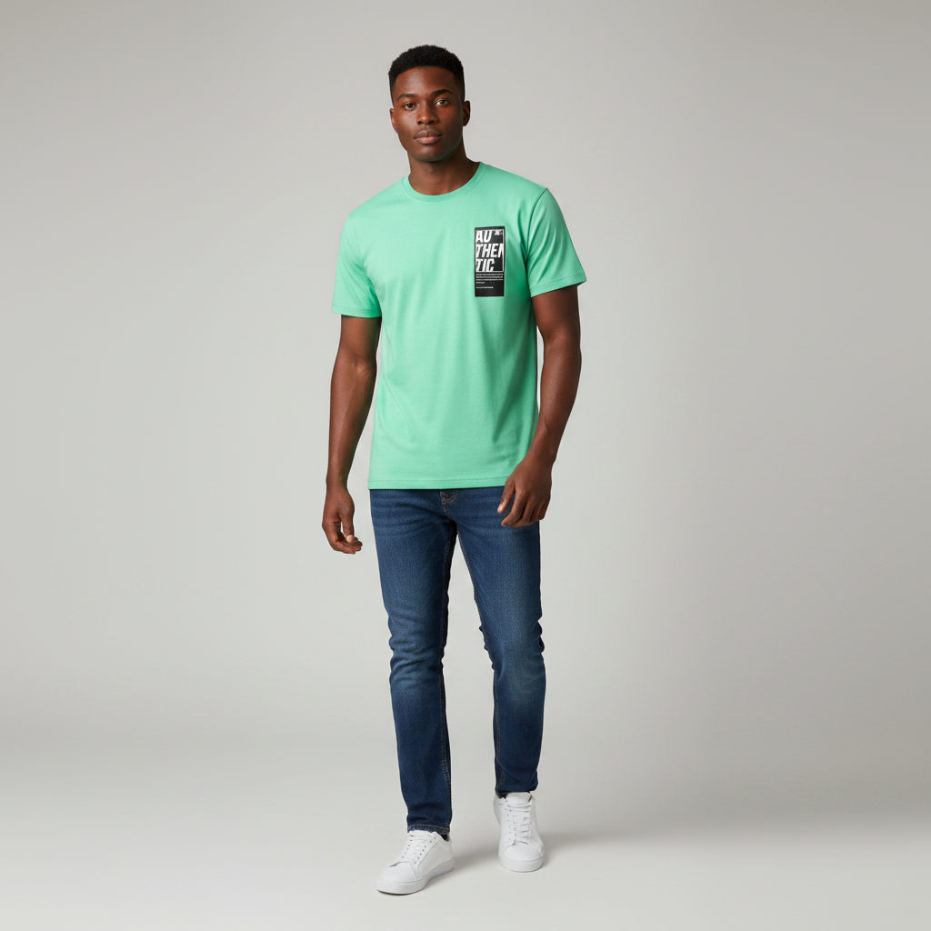 Young Nigerian male wearing bright mint green Authentic box logo graphic crew neck tee