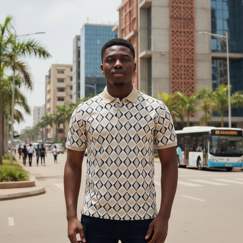 Young Nigerian male model wearing cream diamond print polo shirt, front view, Nigerian urban background